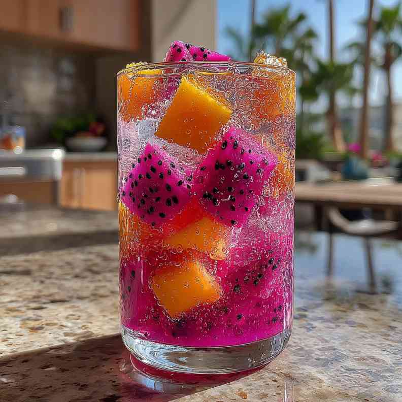 Mango Dragonfruit Refresher - effervescent bubbling finish over clear ice cubes with a delicate sugared rim and berry skewer