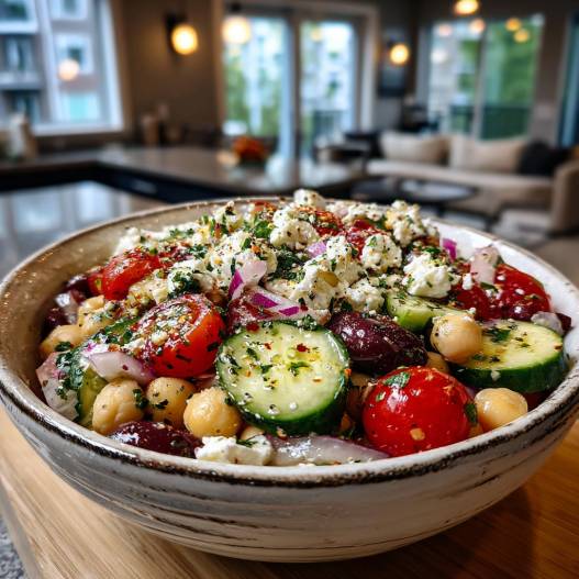 Mediterranean Bean Salad - crisp garden greens with toasted seeds and crumbled cheese