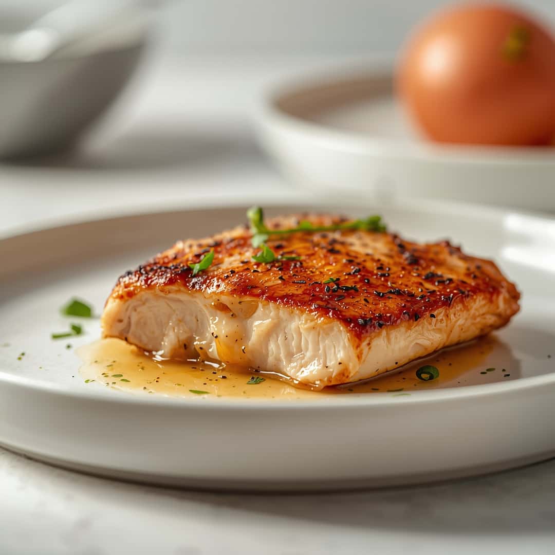 Melt In Your Mouth Chicken Breast - crispy golden skin with aromatic herb seasoning with fresh thyme leaves and roasted garlic cloves