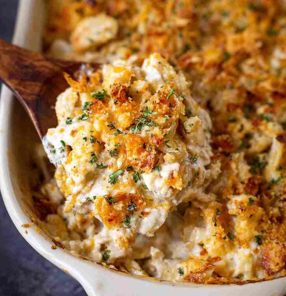 Million Dollar Chicken Casserole - tender with chopped chives and lemon slices