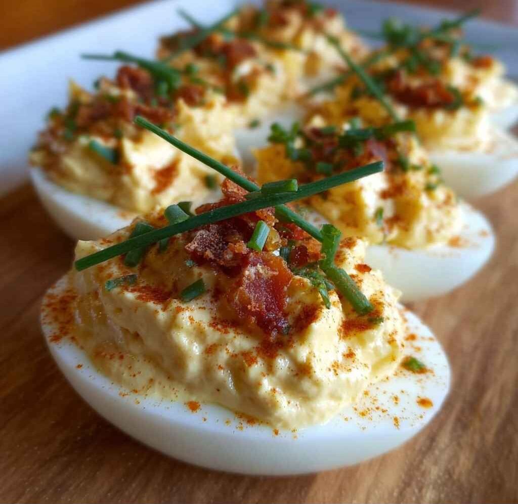 Million Dollar Deviled Eggs - beautifully cooked texture with balanced colors and appetizing finish with cracked black pepper and olive oil