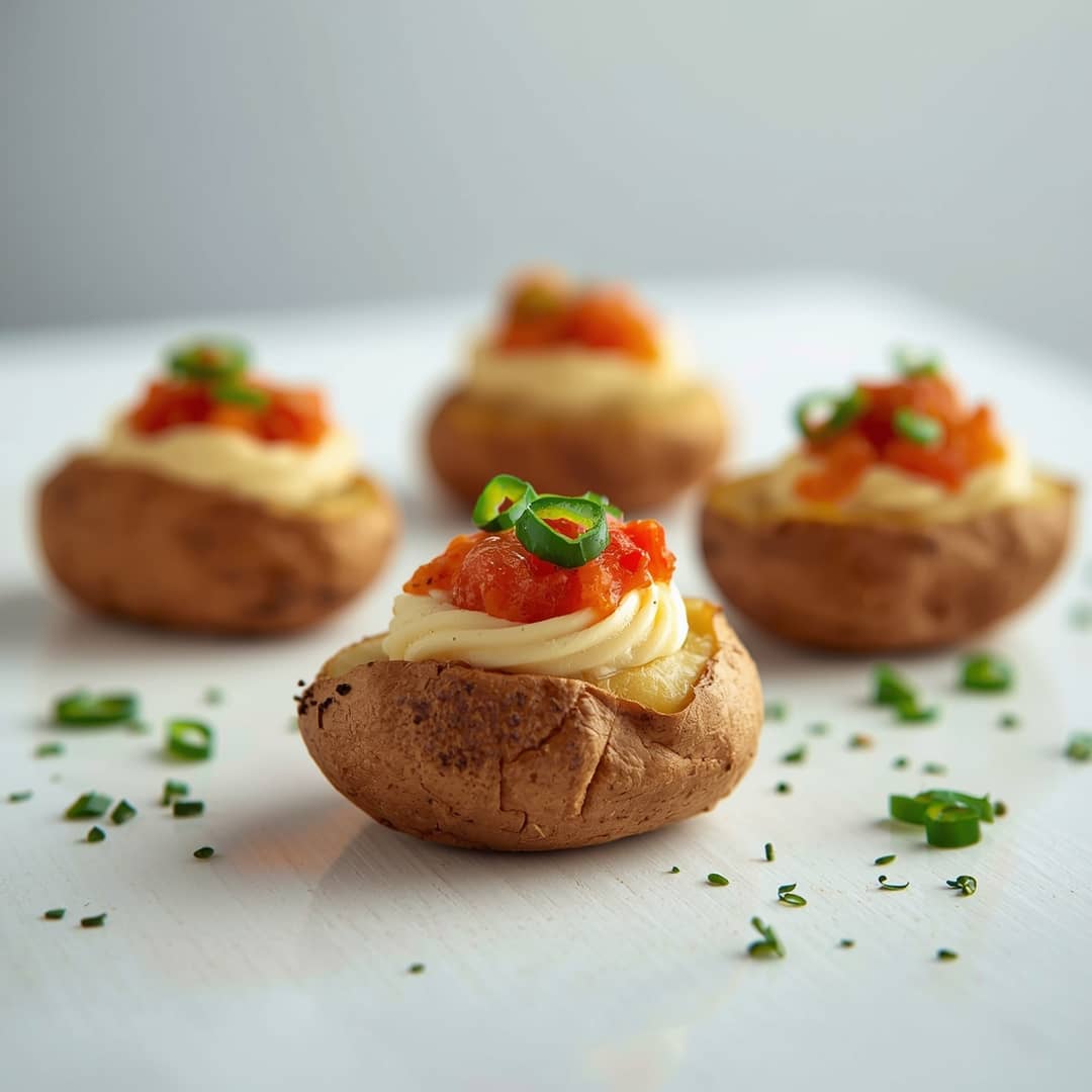 Mini Baked Potatoes - beautifully cooked texture with balanced colors and appetizing finish with cracked black pepper and olive oil