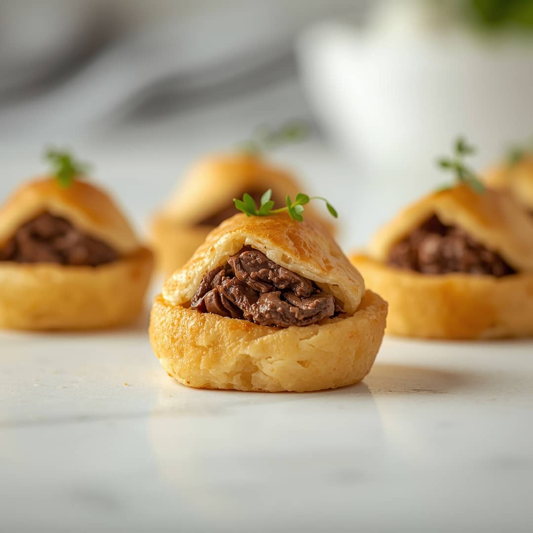 Mini Beef Wellington Bites - crackly top surface and decadent chocolate interior with flake sea salt crystals