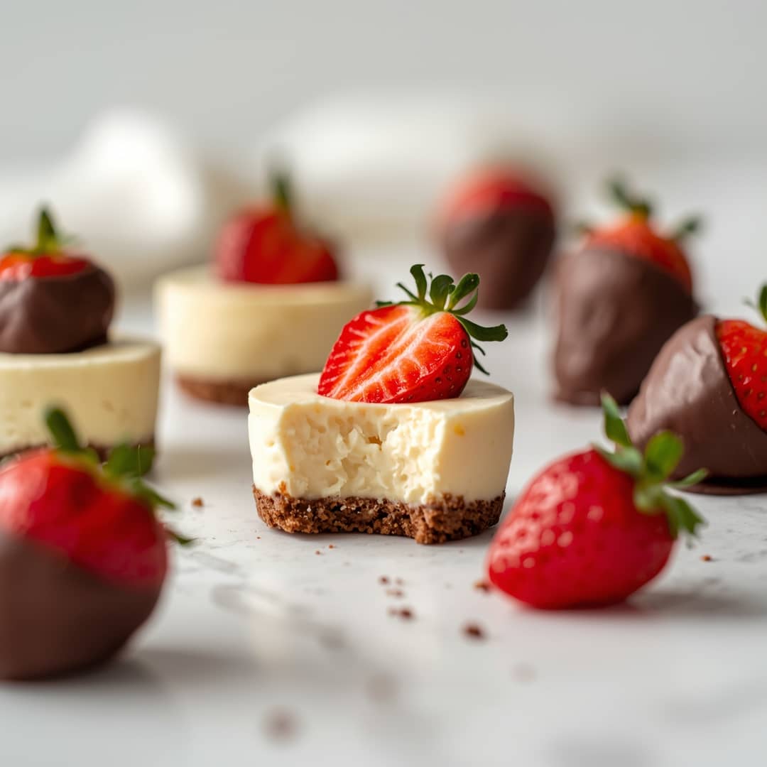 Mini Cheesecakes Chocolate Covered Strawberries - rich velvety layer with crisp golden edges with a delicate dusting of powdered sugar