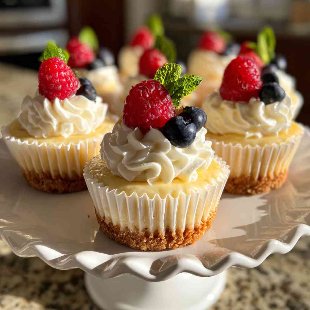 Mini Cheesecakes - rich velvety layer with crisp golden edges with a delicate dusting of powdered sugar