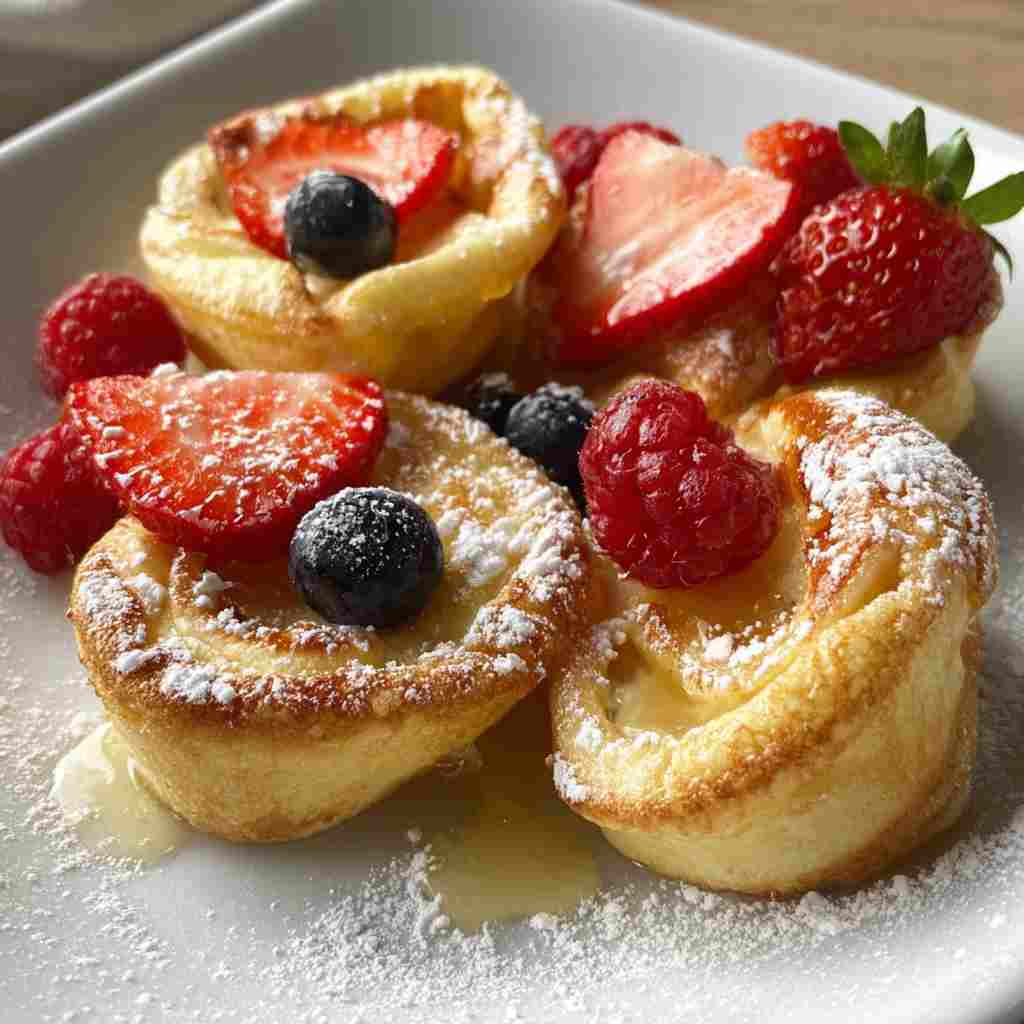 Mini German Pancakes Recipe - delicate flaky crust with warm caramelized edges with fresh garden berries and mint