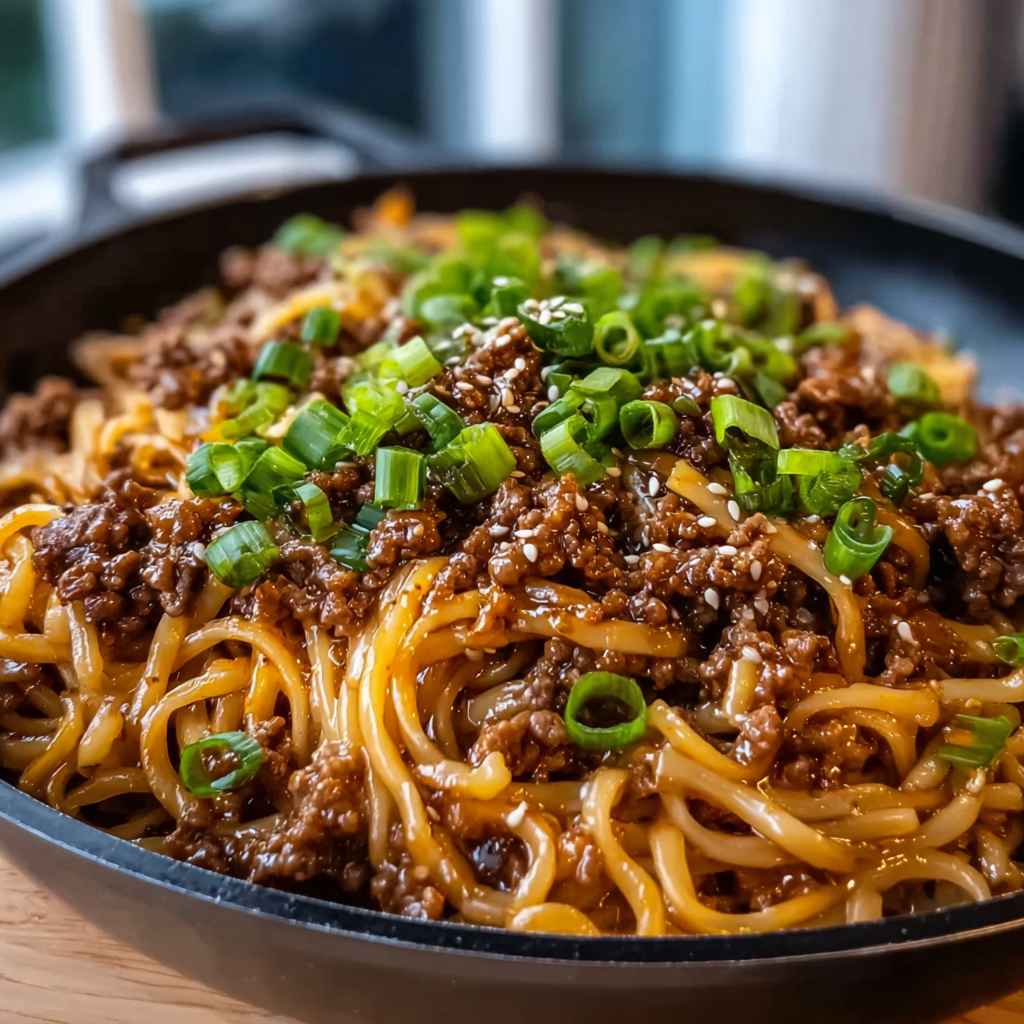 Mongolian Ground Beef Noodles Recipe - golden baked melted cheese crust with saucy edges with freshly grated Parmigiano-Reggiano and torn basil