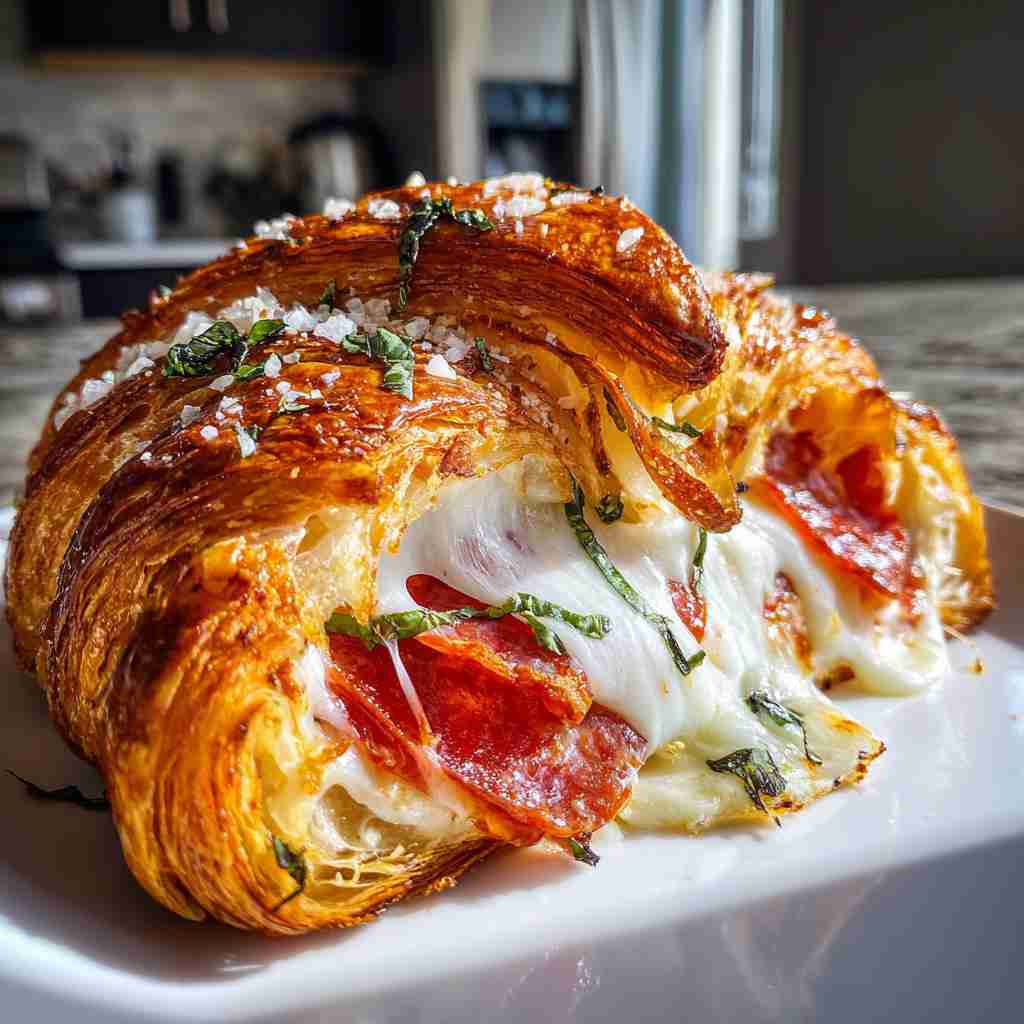 Mozzarella Pepperoni Croissant Rolls - crispy golden exterior with warm flavorful filling with toasted sesame seeds and dipping bowl