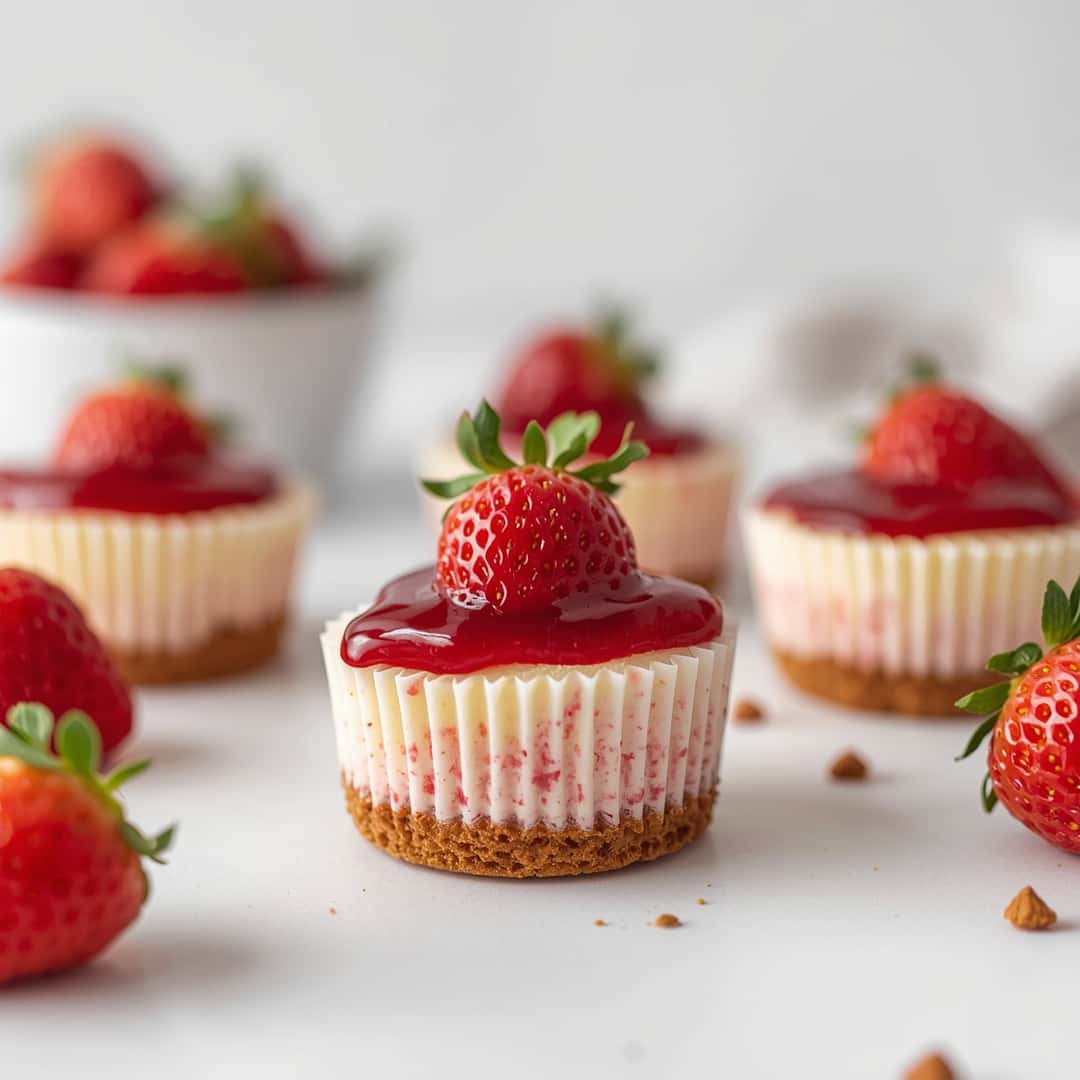 No Bake Strawberry Cheesecake Bites - rich velvety layer with crisp golden edges with a delicate dusting of powdered sugar