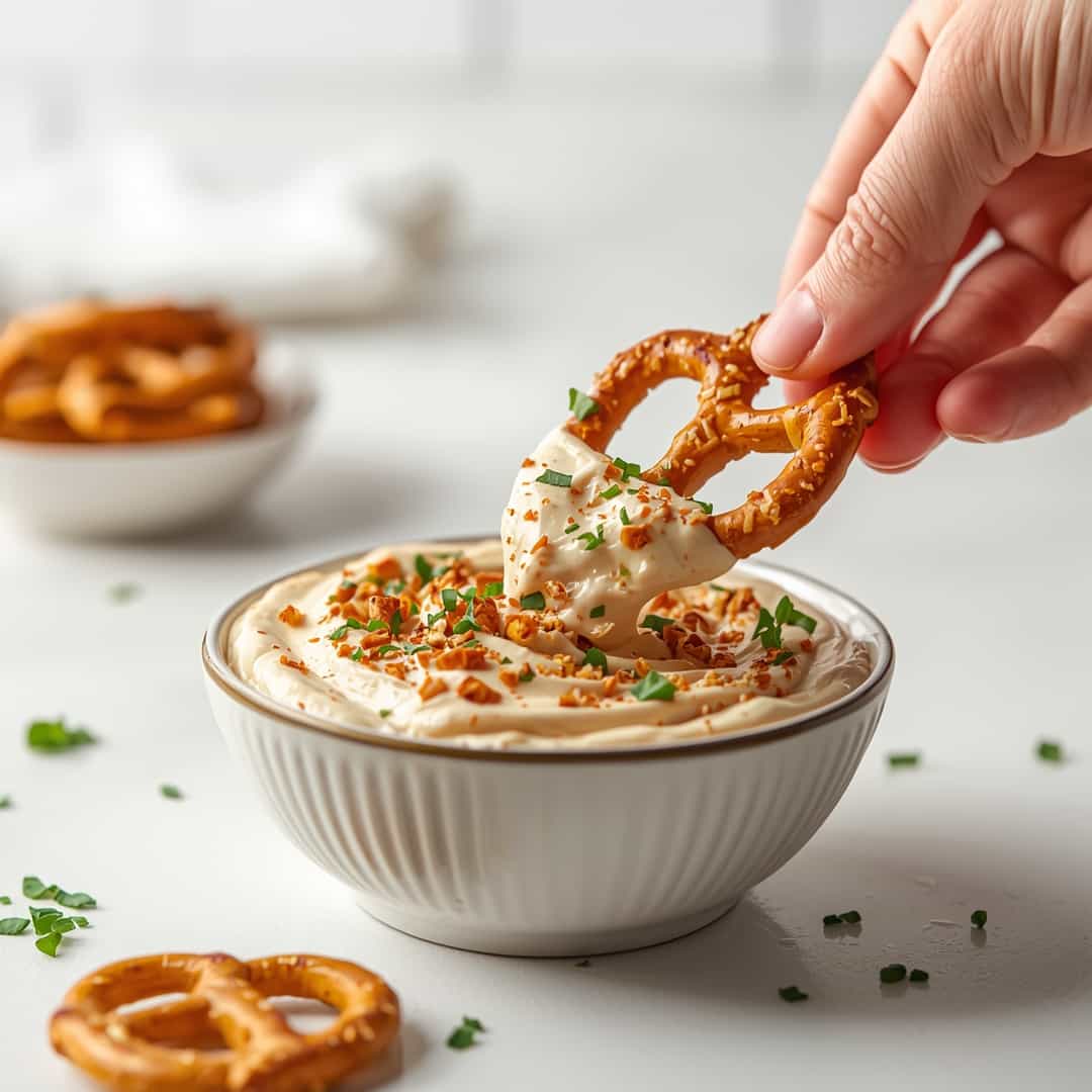 OMG Pretzel Dip - crispy golden exterior with warm flavorful filling with toasted sesame seeds and dipping bowl
