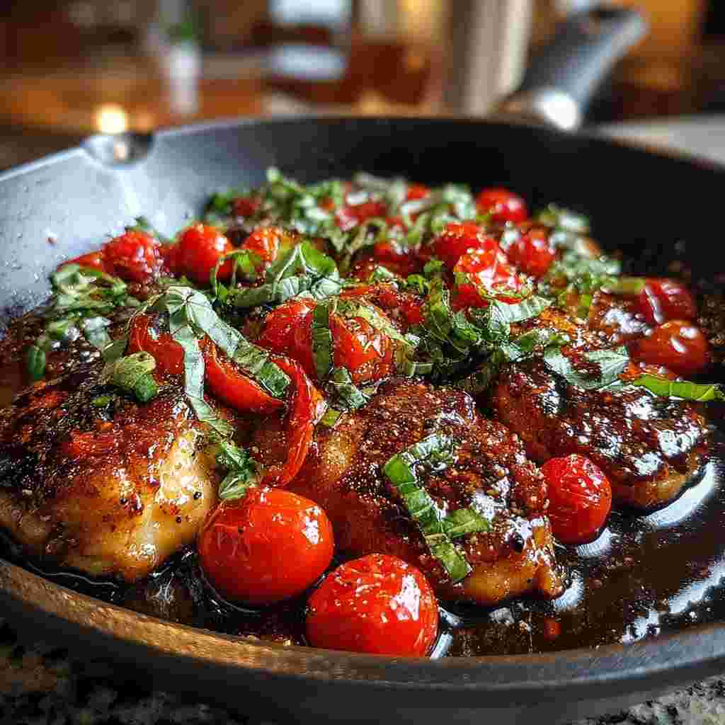 One Pan Balsamic Chicken - succulent simmered chicken smothered in rich pan sauce with fresh rosemary sprigs and pan drippings