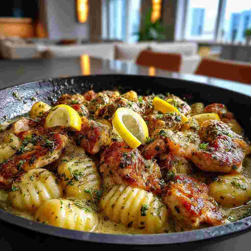 One Pan Lemon Chicken Gnocchi - al dente pasta ribbons coated in a silky with cracked black pepper and olive oil drizzle