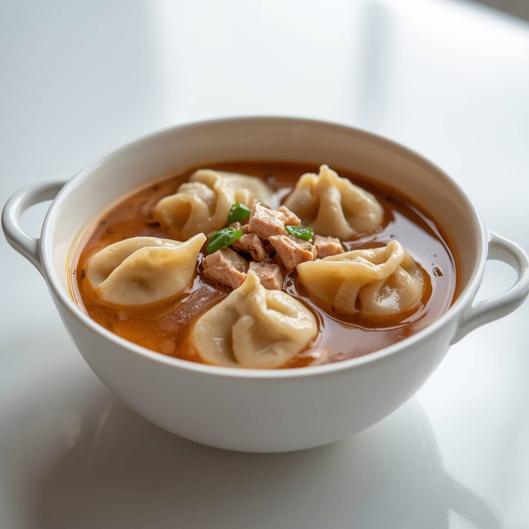 One Pot Chicken Dumpling Soup - rich hearty simmer with deep aromatic color with grated aged Parmesan and crunchy croutons