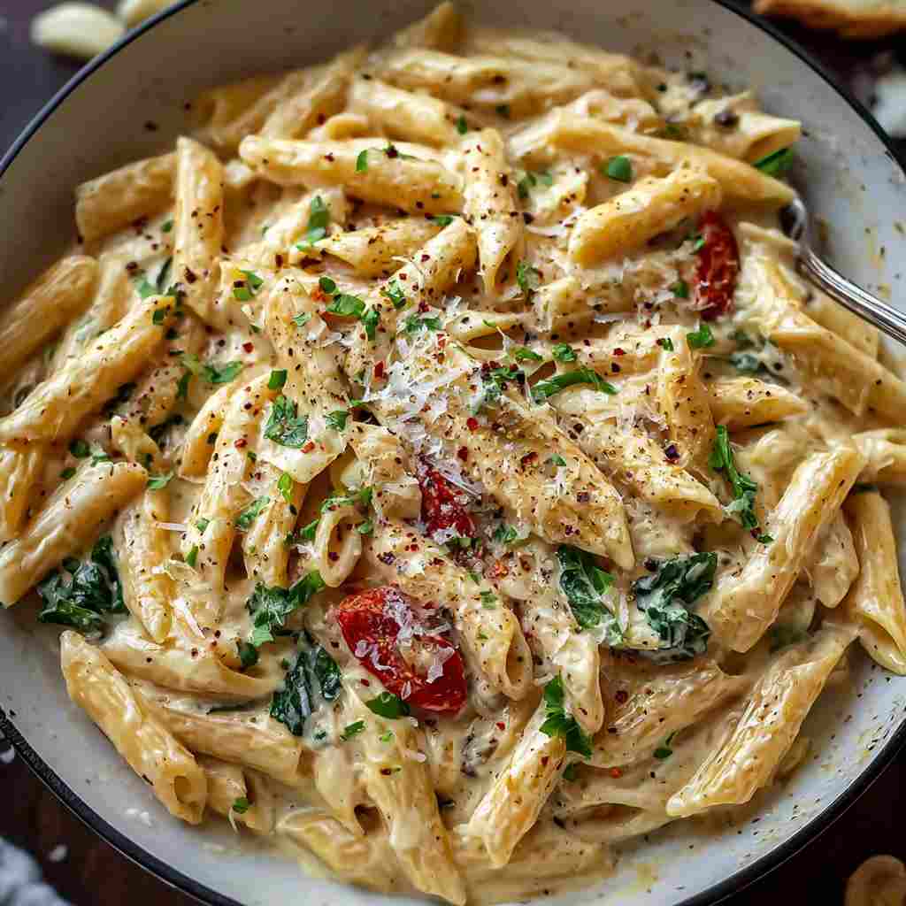 One Pot Creamy Garlic Pasta - tender pasta pockets smothered in rich flavorful sauce with chopped flat-leaf parsley and red pepper flakes