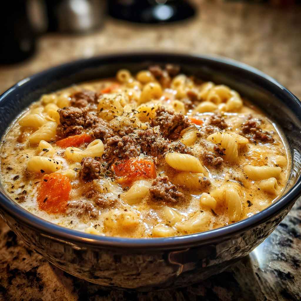 One-Pot Macaroni Cheeseburger Soup - rich hearty simmer with deep aromatic color with grated aged Parmesan and crunchy croutons