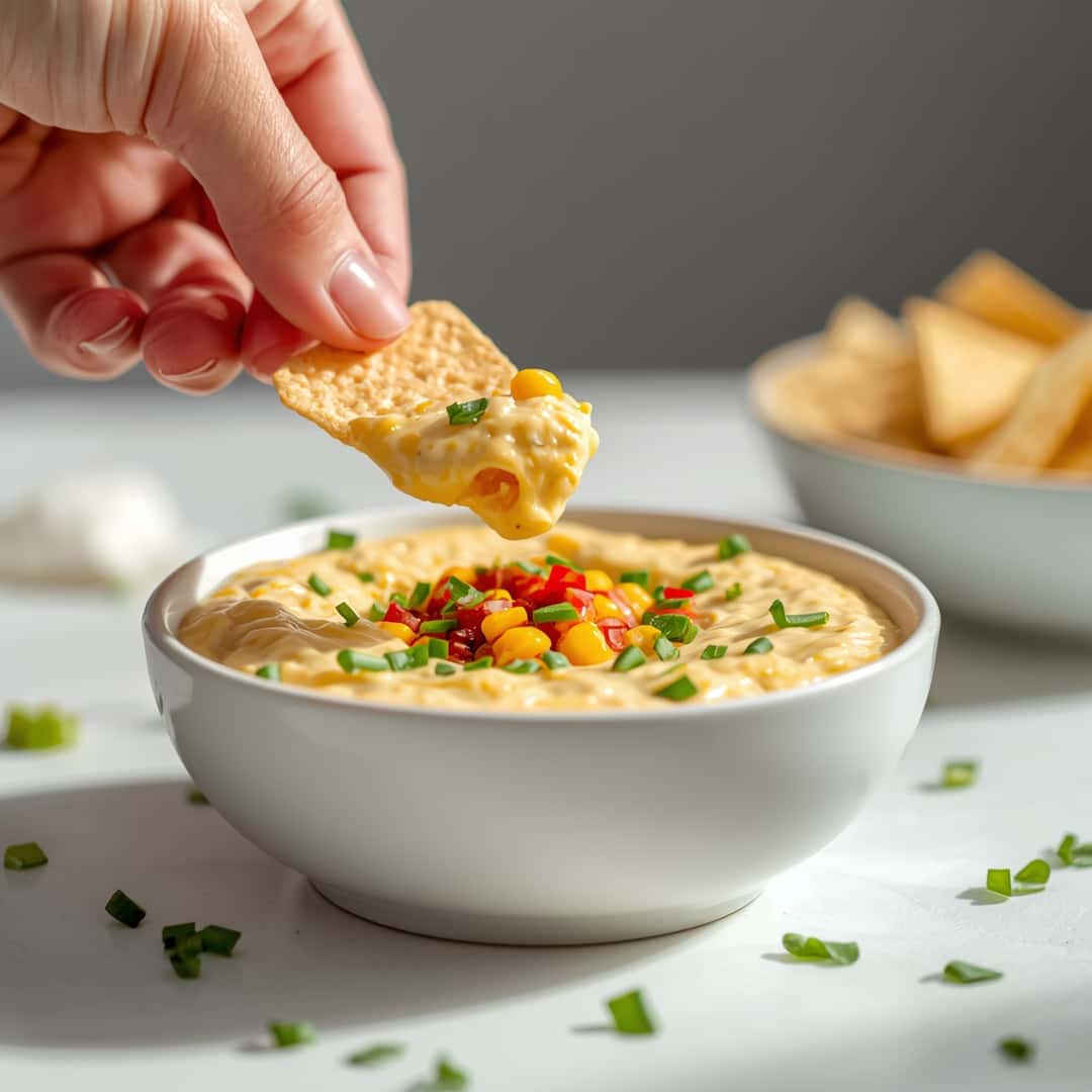 Out-of-this-World Corn Dip - crispy golden exterior with warm flavorful filling with toasted sesame seeds and dipping bowl