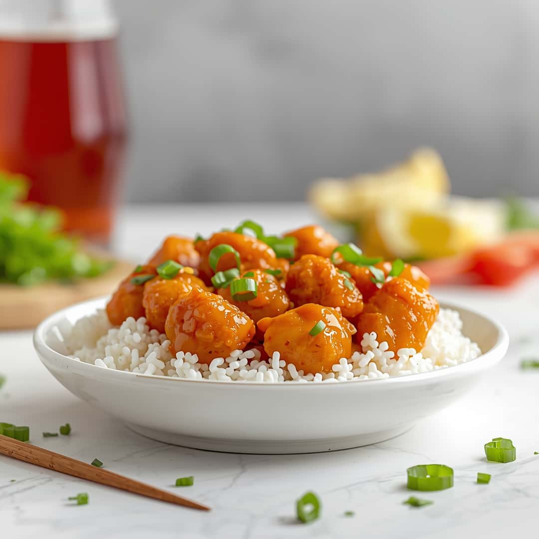 Panda Express Orange Chicken Recipe - succulent simmered chicken smothered in rich pan sauce with fresh rosemary sprigs and pan drippings