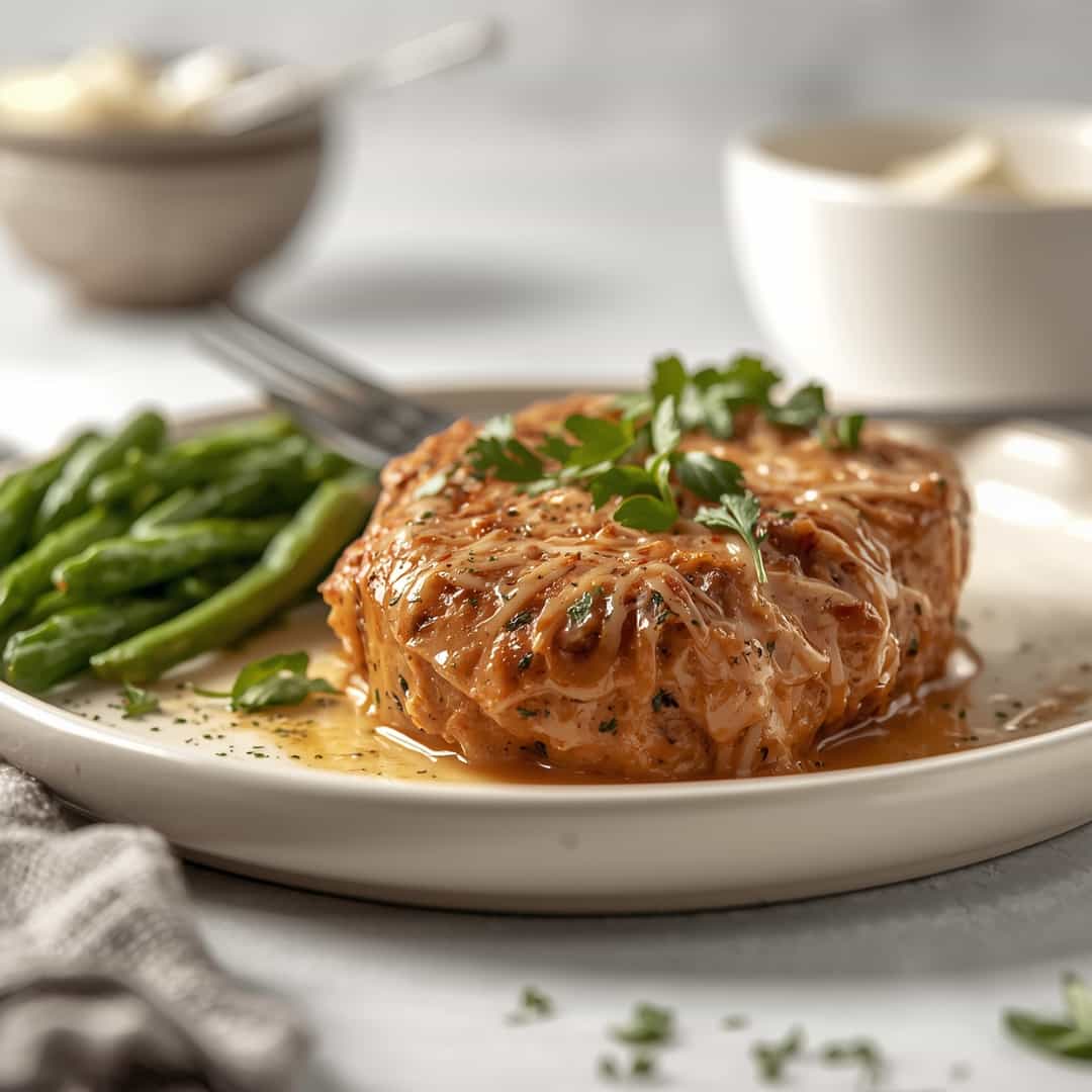Parmesan Chicken Meatloaf - rich velvety layer with crisp golden edges with a delicate dusting of powdered sugar