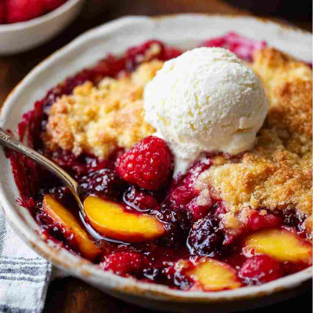 Peach and Raspberry Cobbler - tender with a light drizzle of sweet glaze