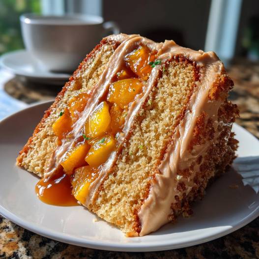 Peach Cake with Brown Sugar Frosting - moist with a dollop of whipped topping