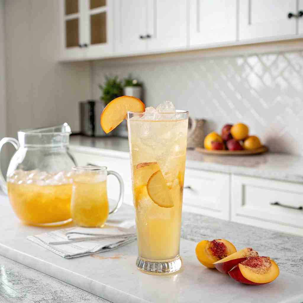 Peach Lemonade Recipe - smooth creamy blended texture with rich froth with a festive straw and lime wedge
