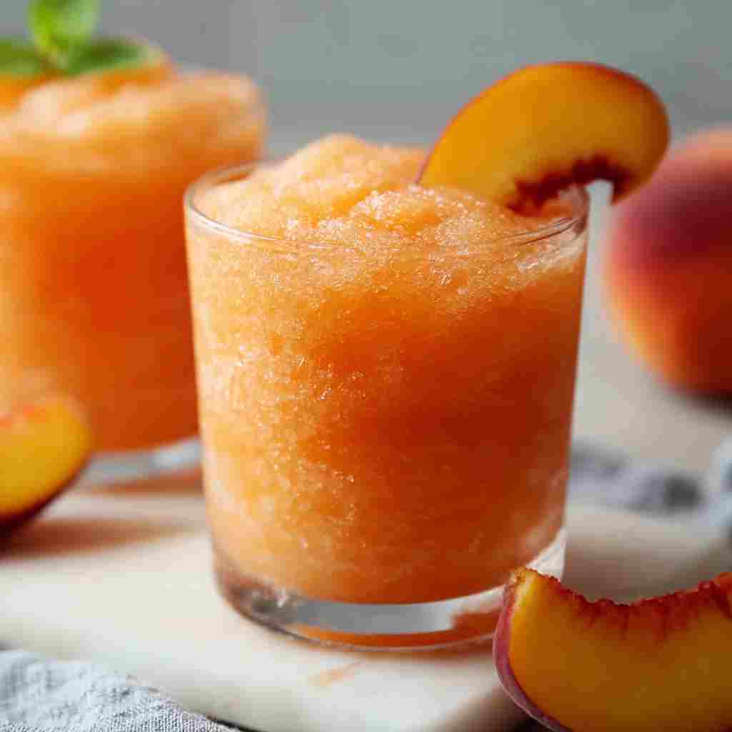 Peach Lemonade Slush Recipe - smooth creamy blended texture with rich froth with a delicate sugared rim and berry skewer