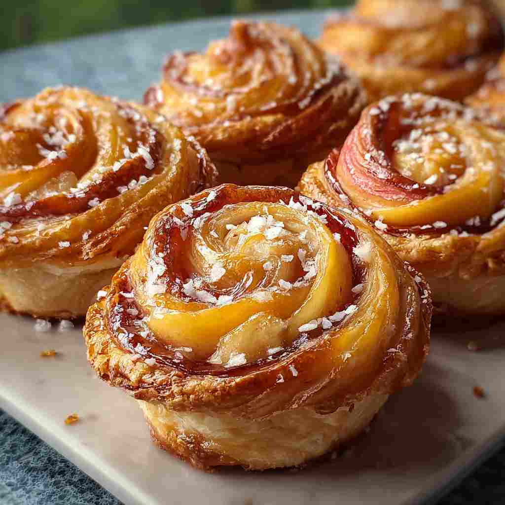 Peach Pie Cruffins Recipe - delicate flaky crust with warm caramelized edges with fresh garden berries and mint