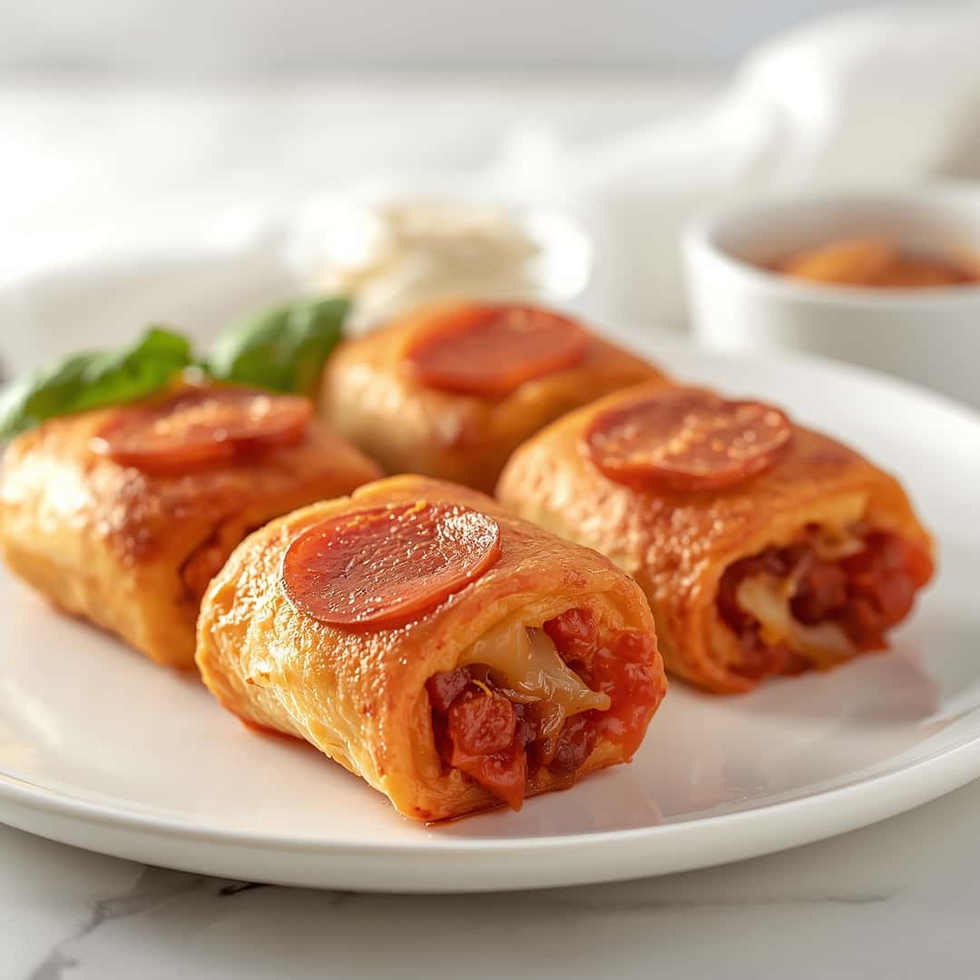 Pepperoni Pizza Rolls - crispy golden exterior with warm flavorful filling with toasted sesame seeds and dipping bowl