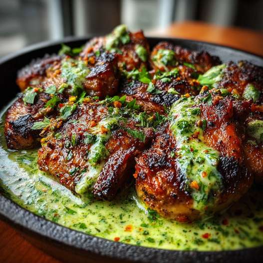 Peruvian Chicken with Creamy Green Sauce - succulent simmered chicken smothered in rich pan sauce with fresh rosemary sprigs and pan drippings