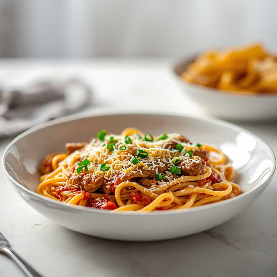 Philly Cheese Steak Pasta Recipe - effervescent bubbling finish over clear ice cubes with a delicate sugared rim and berry skewer