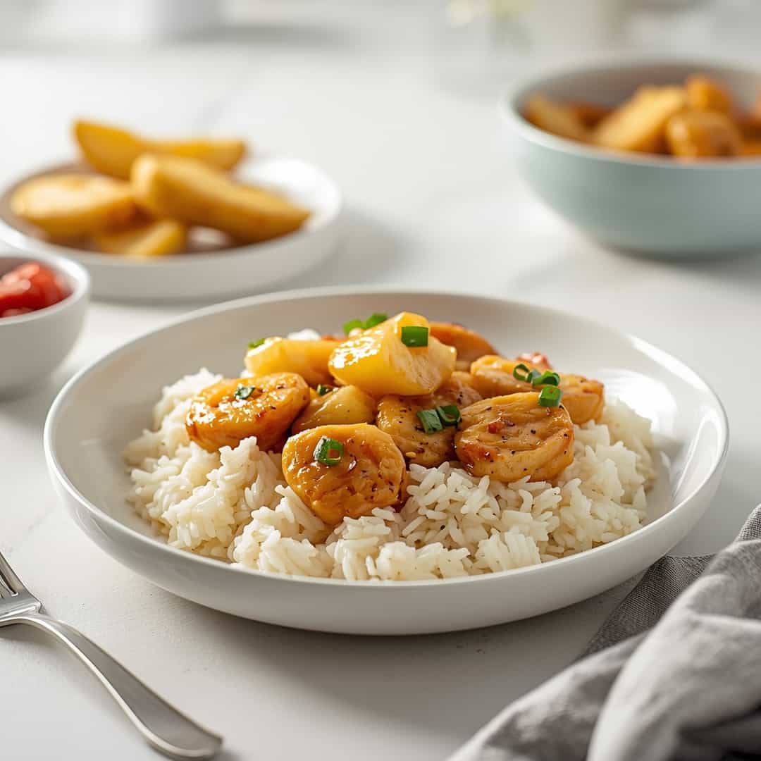 Pineapple Chicken and Rice - crispy golden skin with aromatic herb seasoning with fresh thyme leaves and roasted garlic cloves