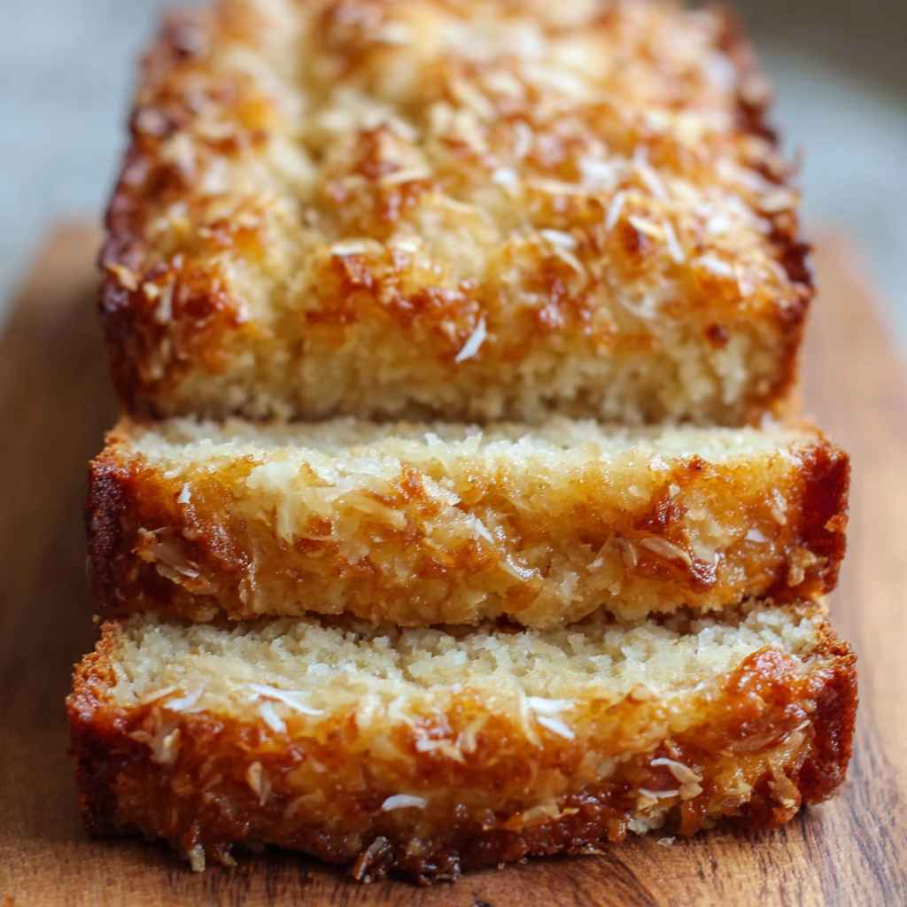 Pineapple Coconut Bread Recipe - rich velvety layer with crisp golden edges with a delicate dusting of powdered sugar