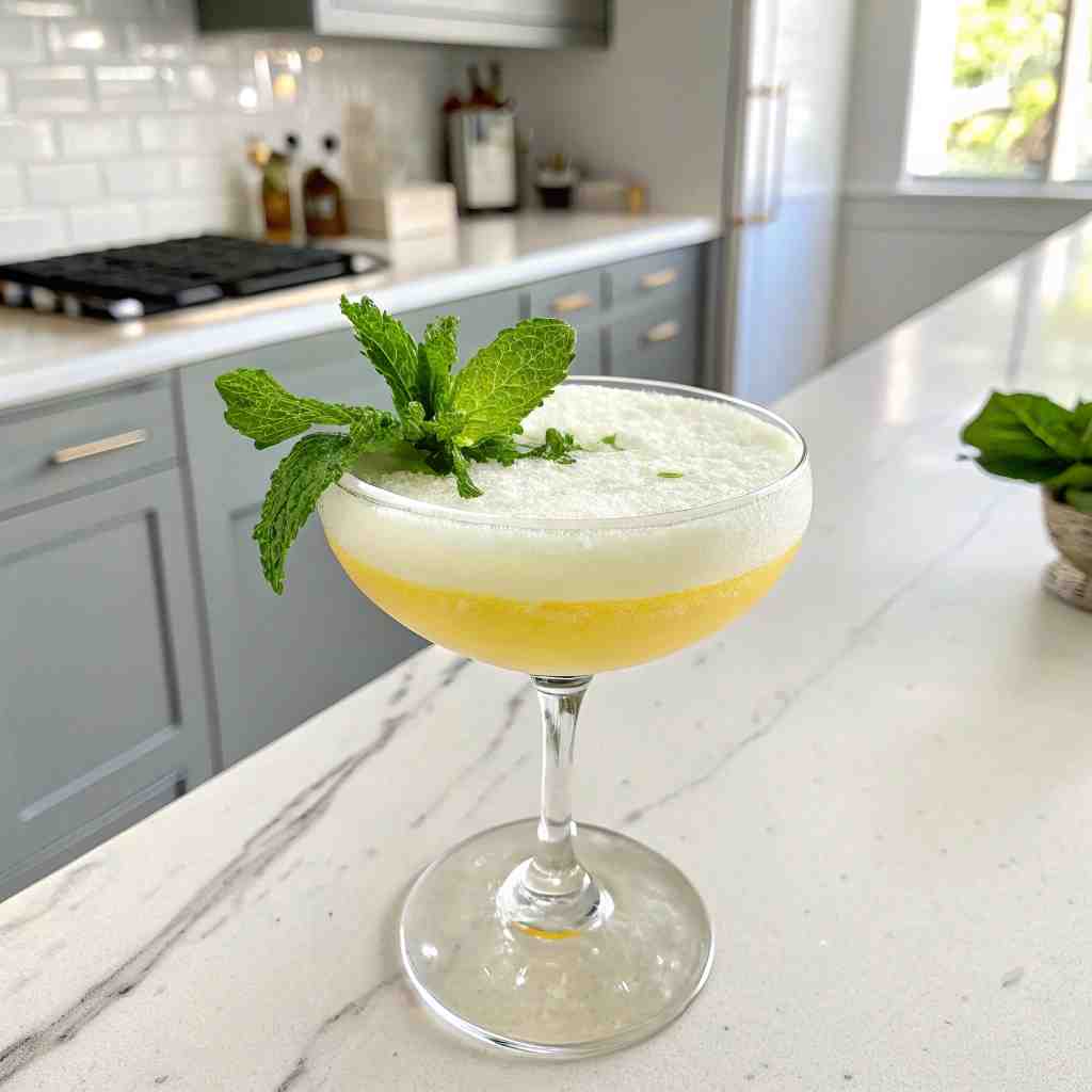 Pineapple Mocktail - smooth creamy blended texture with rich froth with a delicate sugared rim and berry skewer