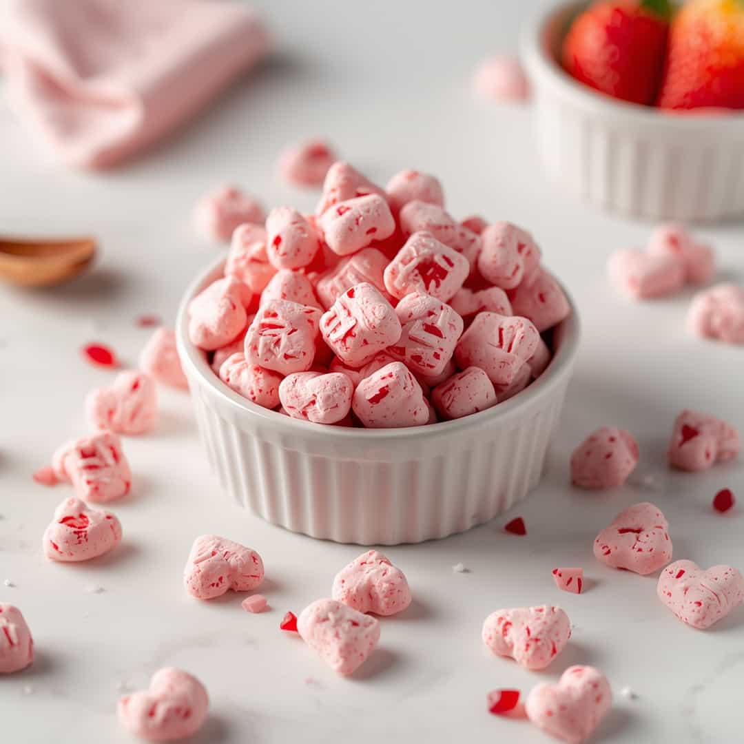 Pink Valentine Puppy Chow Mix - beautifully cooked texture with balanced colors and appetizing finish with cracked black pepper and olive oil
