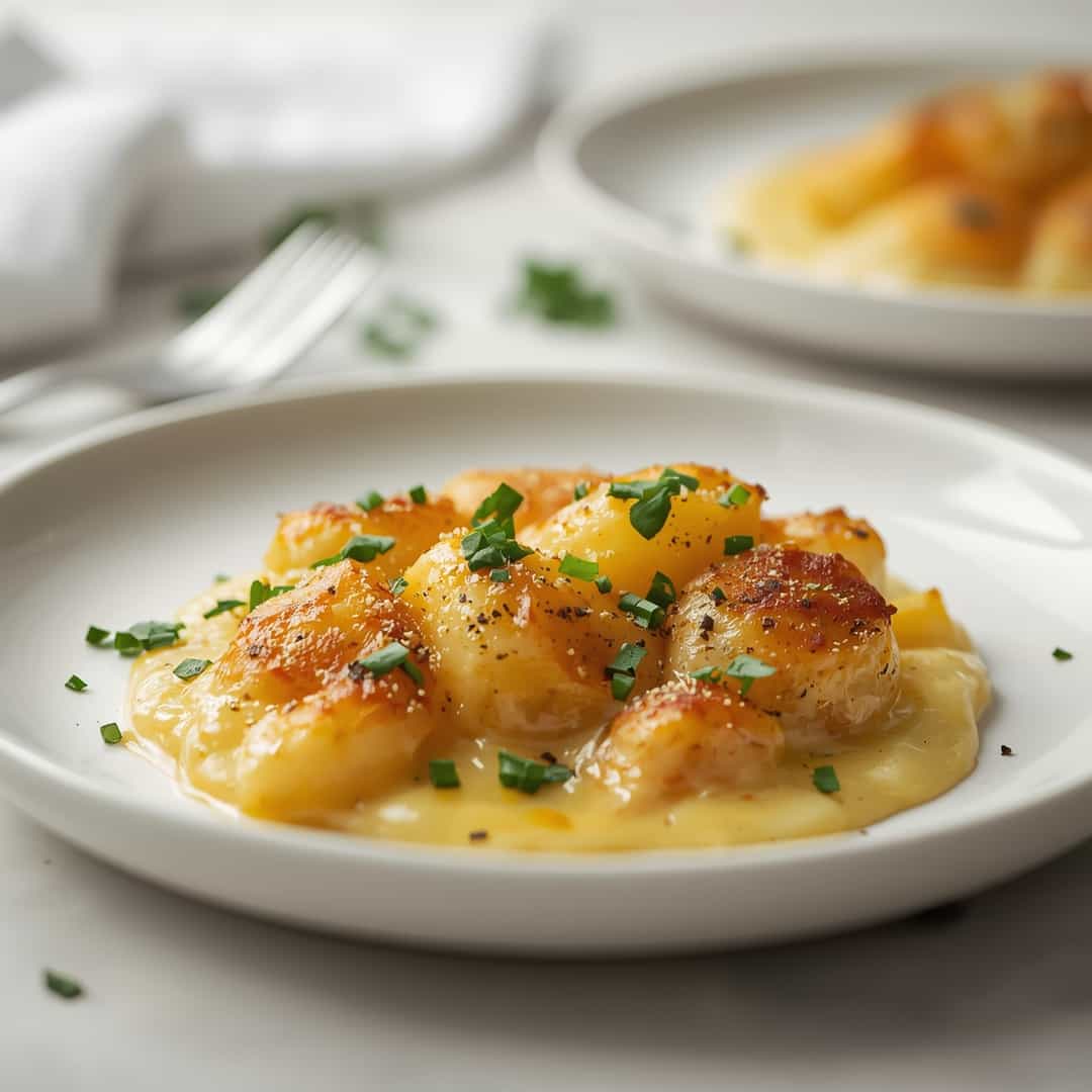 Potatoes Au Gratin - homemade dish showcasing wholesome fresh ingredients with microgreens and lemon zest