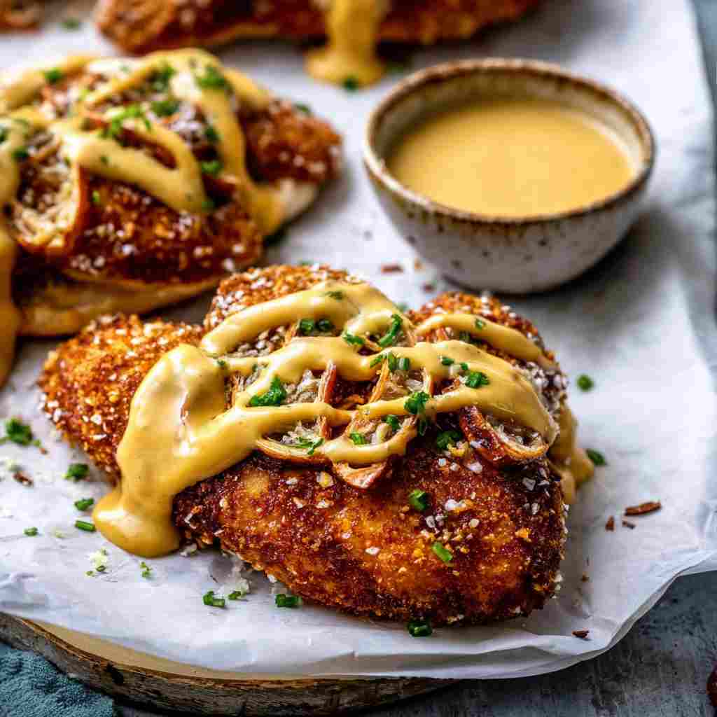 Pretzel Chicken with Mustard-Cheddar Sauce - succulent simmered chicken smothered in rich pan sauce with fresh rosemary sprigs and pan drippings