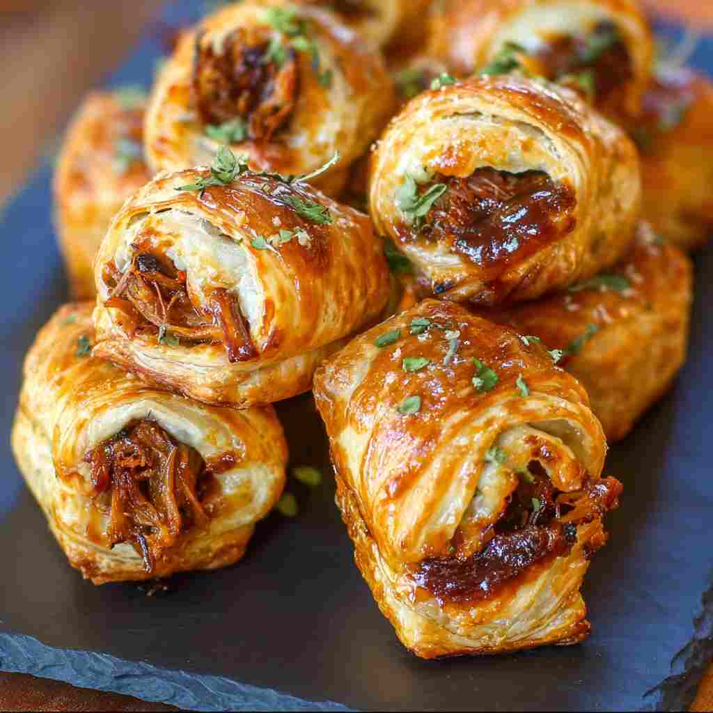 Pulled Pork Pastry Puffs - tender slow-cooked meat with deep savory glaze with fresh parsley and cracked peppercorns