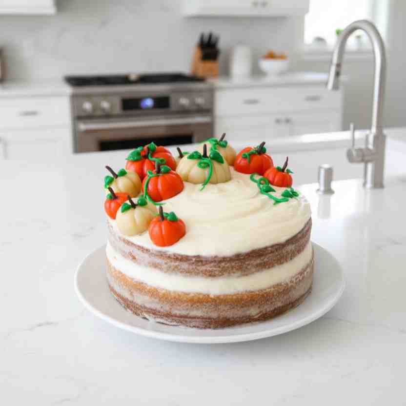 Pumpkin Cake with Cream Cheese Frosting - delicate flaky crust with warm caramelized edges with fresh garden berries and mint
