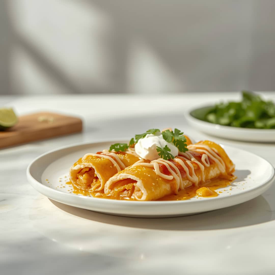 Queso Chicken Enchiladas - succulent simmered chicken smothered in rich pan sauce with fresh rosemary sprigs and pan drippings