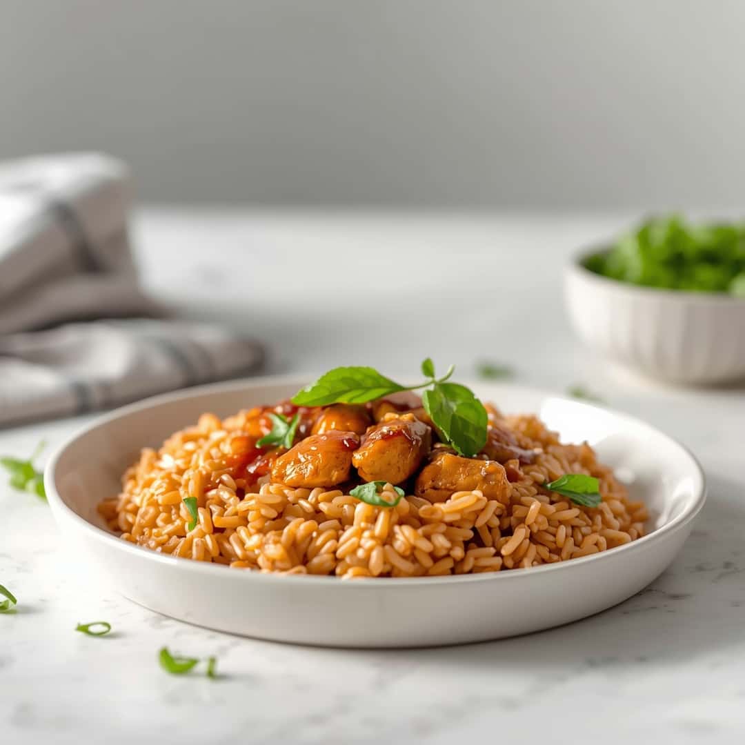 Quick Healthy Honey BBQ Chicken Rice - crispy golden skin with aromatic herb seasoning with fresh thyme leaves and roasted garlic cloves