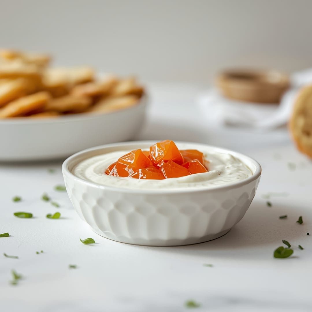 Quick Pepper Jelly Cream Cheese Dip - crispy golden exterior with warm flavorful filling with toasted sesame seeds and dipping bowl