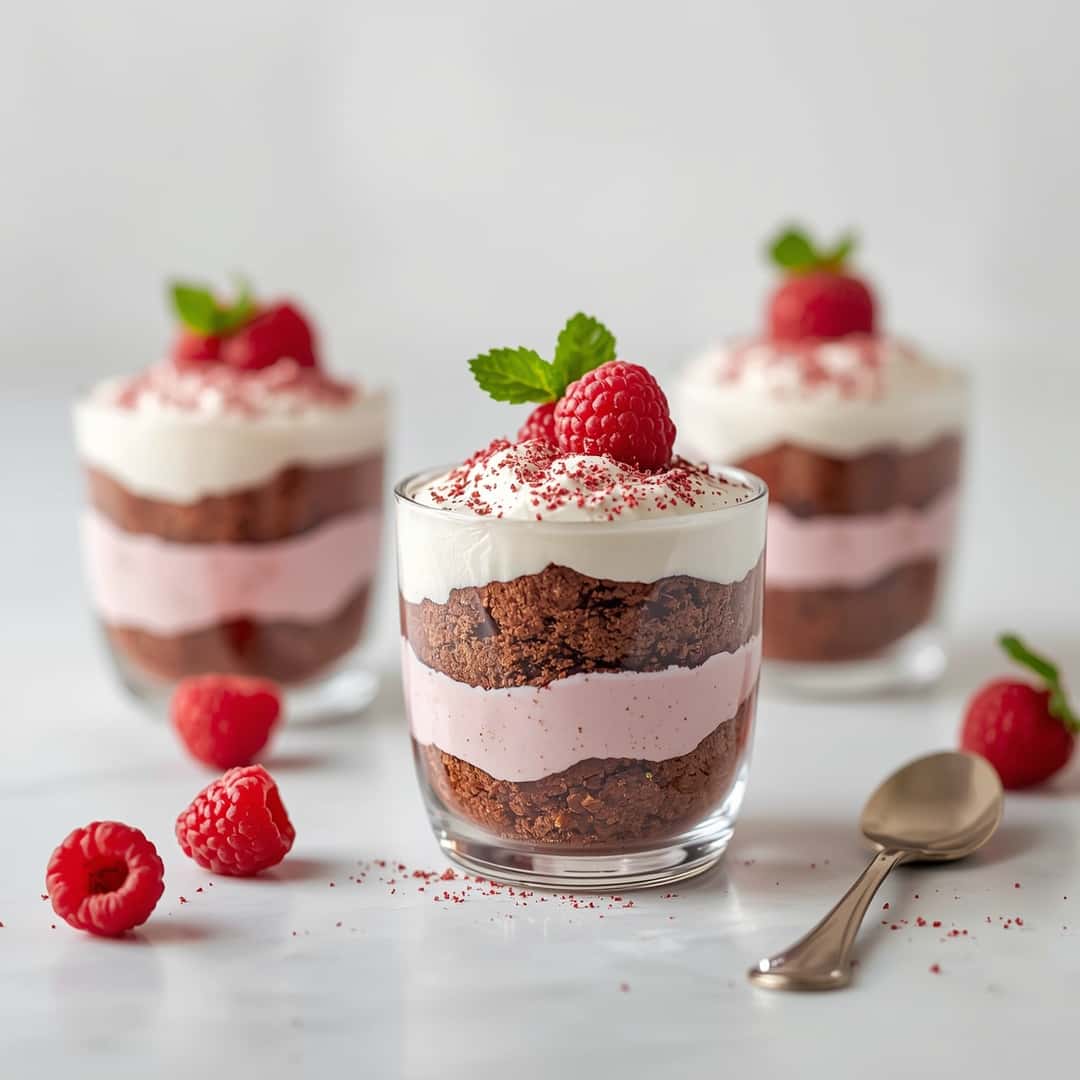 Raspberry Brownie Parfaits - crackly top surface and decadent chocolate interior with flake sea salt crystals