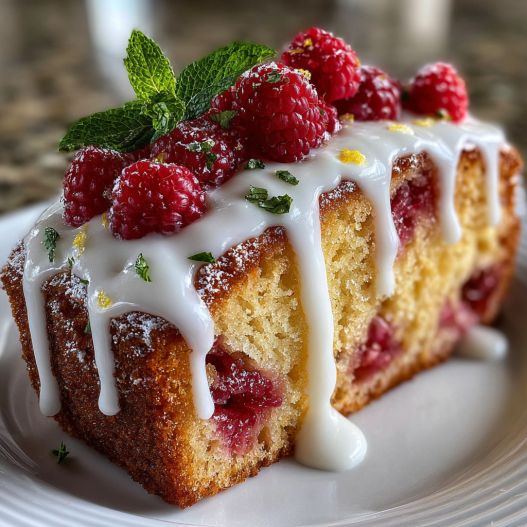 Raspberry Lemon Cake - rich velvety layer with crisp golden edges with a delicate dusting of powdered sugar