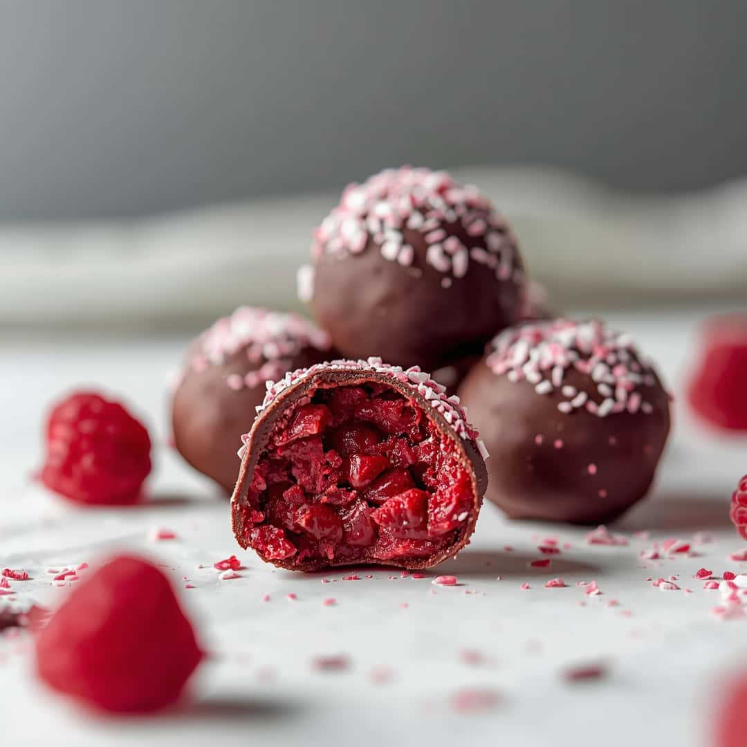 Raspberry Truffles Recipe - rich fudgy consistency with glossy chocolate finish with chopped toasted nuts