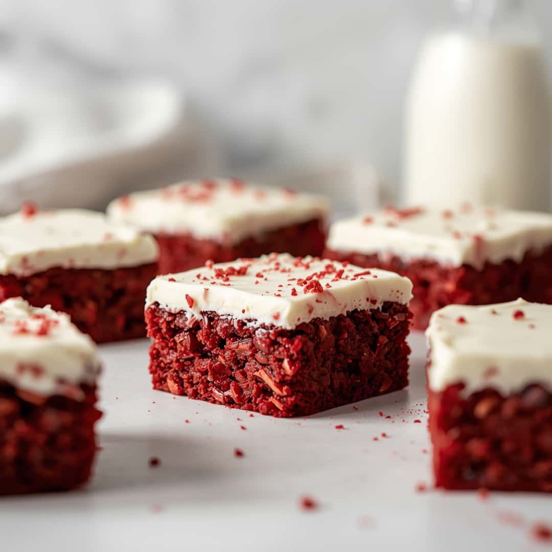 Red Velvet Brownies Cream Cheese Frosting - rich fudgy consistency with glossy chocolate finish with chopped toasted nuts