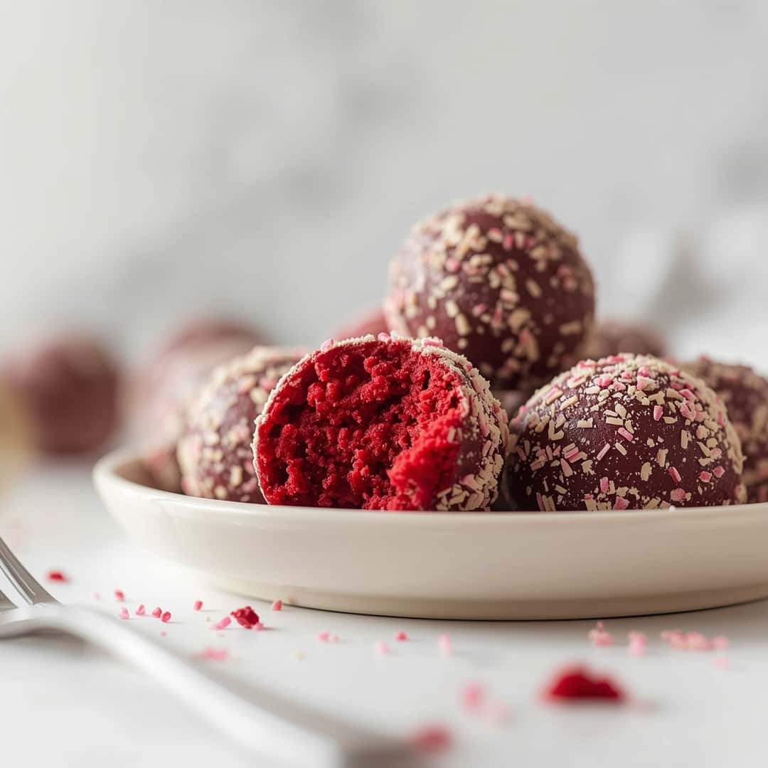 Red Velvet Cake Balls - rich velvety layer with crisp golden edges with a delicate dusting of powdered sugar