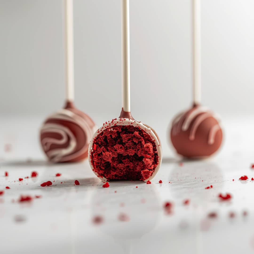 Red Velvet Cake Pops - rich velvety layer with crisp golden edges with a delicate dusting of powdered sugar