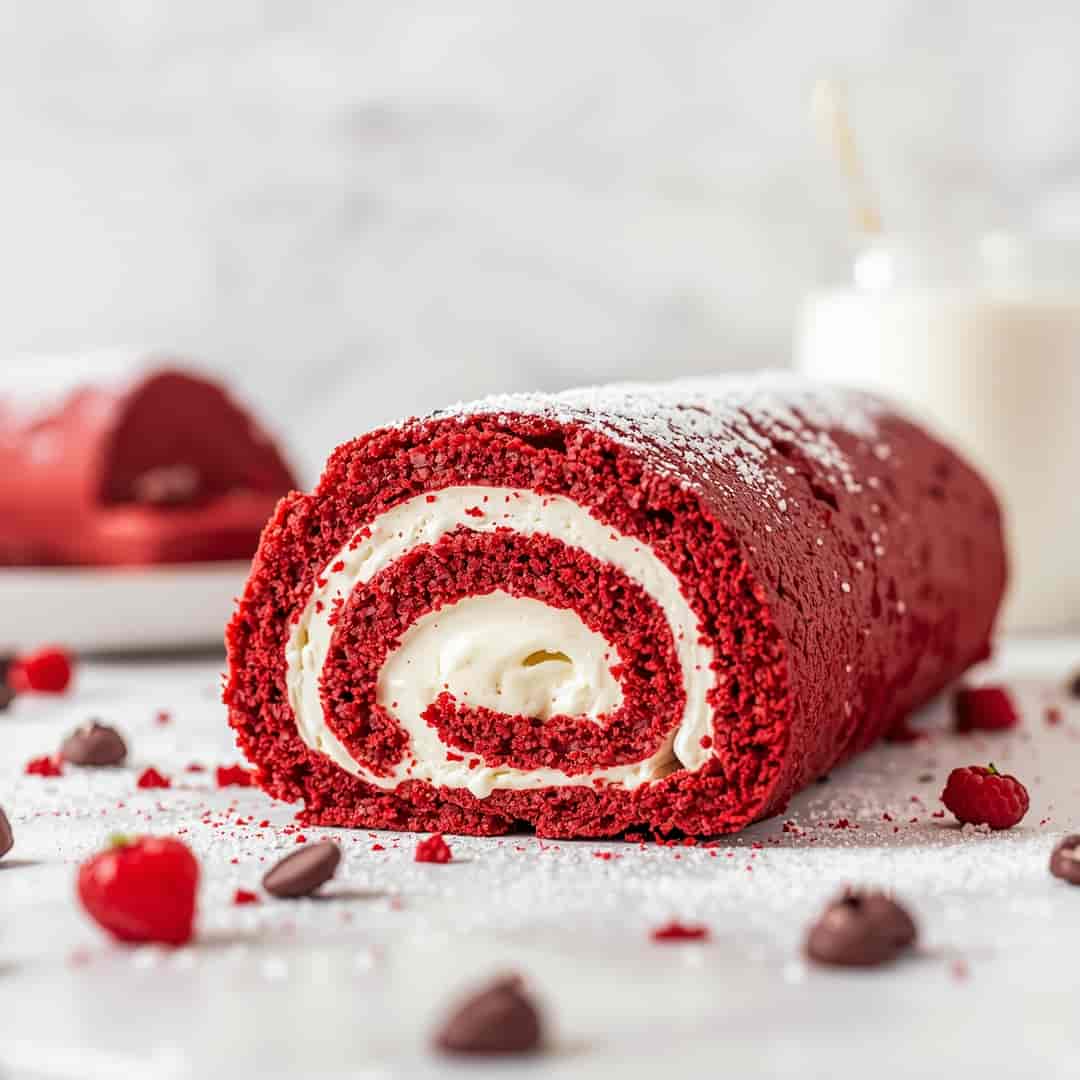 Red Velvet Cake Roll - rich velvety layer with crisp golden edges with a delicate dusting of powdered sugar