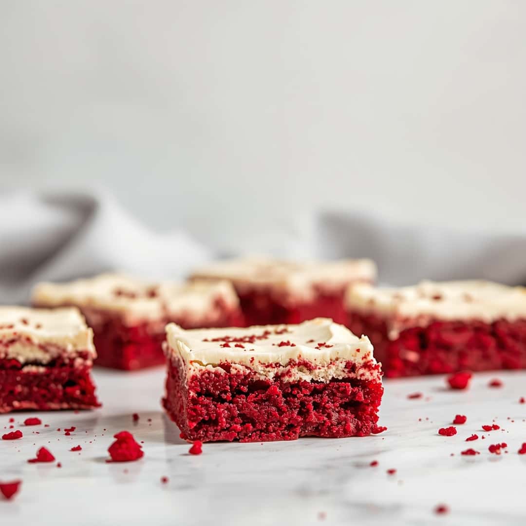 Red Velvet Cookie Bars - crackly top surface and decadent chocolate interior with flake sea salt crystals