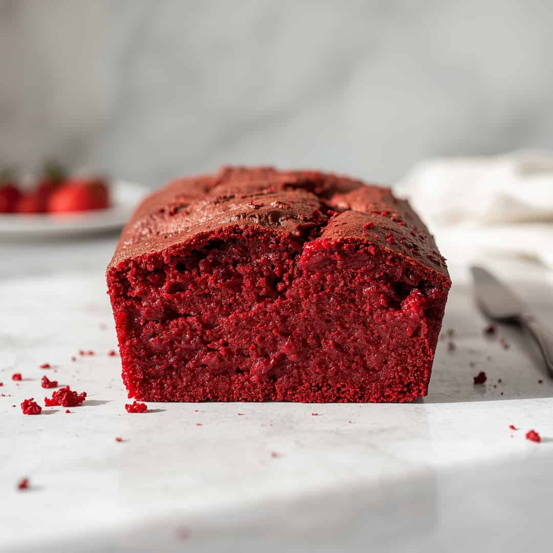 Red Velvet Loaf - rich velvety layer with crisp golden edges with a delicate dusting of powdered sugar